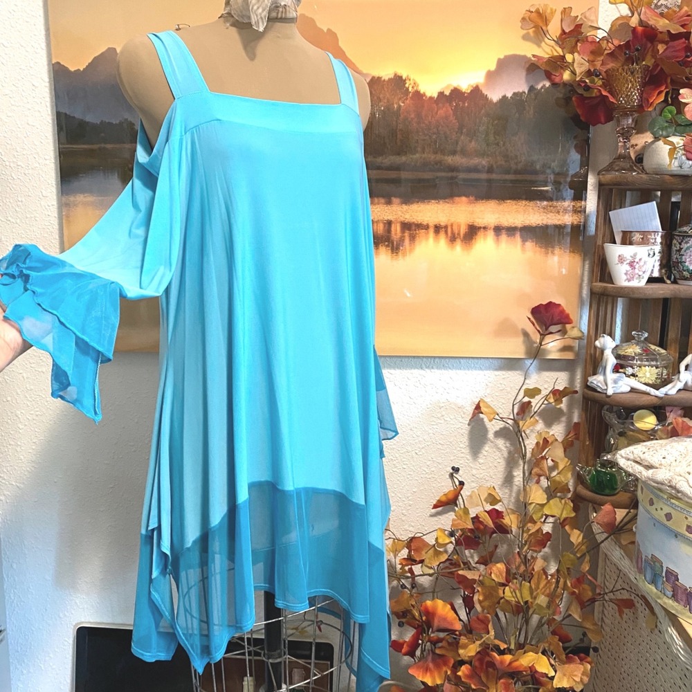 NWT Come N See Tunic Fairycore Mesh Ruffle Cold Shoulder Women 1XL Turquoise